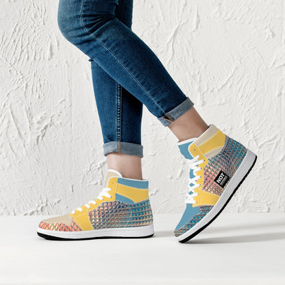 Colorful high-top sneakers worn with blue jeans against a white textured wall.