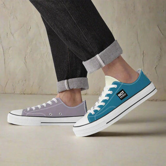 A pair of low-top canvas shoes in seafoam green and lilac colors, with one foot placed in front of the other, showing the lace-up closure and the wear-resistant rubber sole.