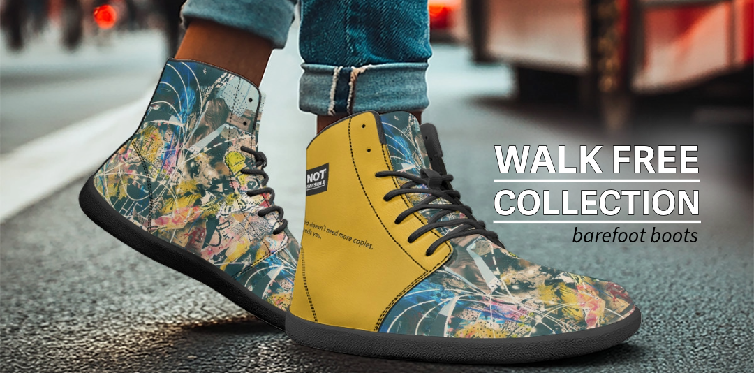 Colorful barefoot boots with a 'Walk Free Collection' label on a street background.