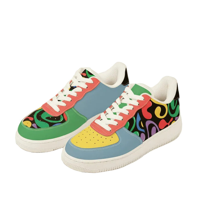 Colorful sneakers with abstract patterns on a white background